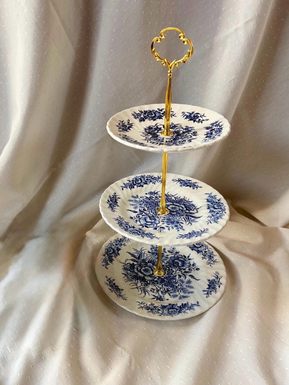 Three-Tier Porcelain Dessert Stand in Blue and White with Gold Accents